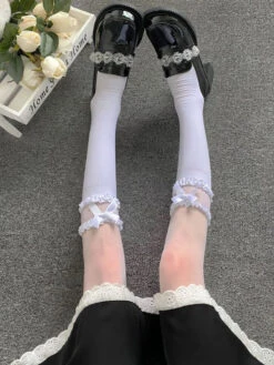 Sweet Satin Ribbon Lace Knee Socks -Clothing Discount Store sweet satin ribbon lace knee socks hosiery bows hosiery kawaii 410