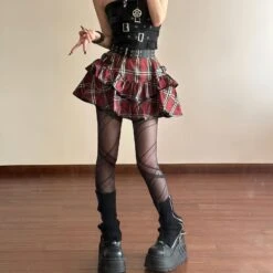 Tartan Red Plaid Goth Skirt -Clothing Discount Store tartan red plaid goth skirt skirts alternative goth gothic kawaii 808