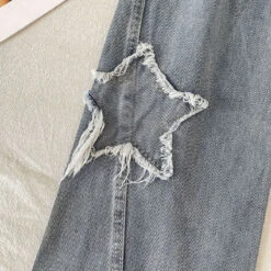 Star Patchwork Blue Jeans -Clothing Discount Store tattered frayed star patchwork y2k denim blue jeans 164