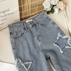 Star Patchwork Blue Jeans -Clothing Discount Store tattered frayed star patchwork y2k denim blue jeans 500