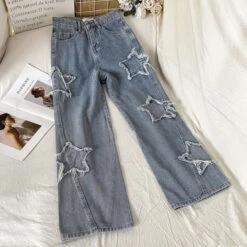 Star Patchwork Blue Jeans -Clothing Discount Store tattered frayed star patchwork y2k denim blue jeans 639