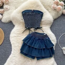 Tiny Denim Dancer Outfit Set -Clothing Discount Store tiny denim dancer outfit set sets bows corset denim jeans kawaii 200