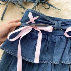 Tiny Denim Dancer Outfit Set -Clothing Discount Store tiny denim dancer outfit set sets bows corset denim jeans kawaii 334