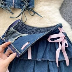 Tiny Denim Dancer Outfit Set -Clothing Discount Store tiny denim dancer outfit set sets bows corset denim jeans kawaii 695