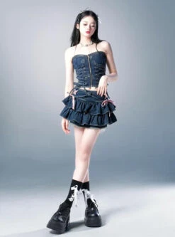 Tiny Denim Dancer Outfit Set -Clothing Discount Store tiny denim dancer outfit set sets bows corset denim jeans kawaii 718