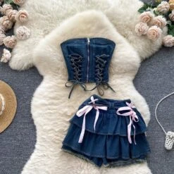 Tiny Denim Dancer Outfit Set -Clothing Discount Store tiny denim dancer outfit set sets bows corset denim jeans kawaii 885