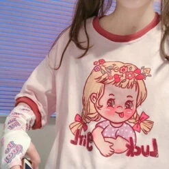 Vintage Lucky Girl Tee -Clothing Discount Store vintage lucky girl tee 1970s 70s crewneck cry baby kitsch sweater kawaii babe 380