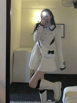 White Sailor Academia Dress -Clothing Discount Store white flared collar button up sailor kawaii academia dress 102