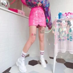 Hot Vinyl Miniskirt -Clothing Discount Store y2k hot pink vinyl cargo miniskirt skirt 348