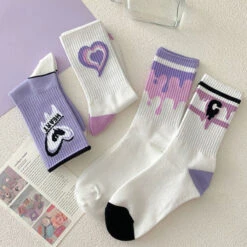 Y2K Purple Heart Socks -Clothing Discount Store y2k purple heart socks hearts kawaii pink purple 413