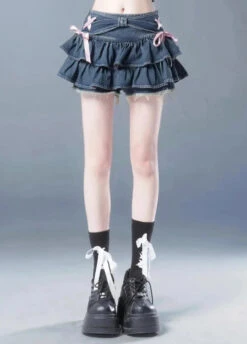 Y2K Ruffled Denim Mini Skirt -Clothing Discount Store y2k ruffled denim mini skirt skirts blue bows coquette denim 763